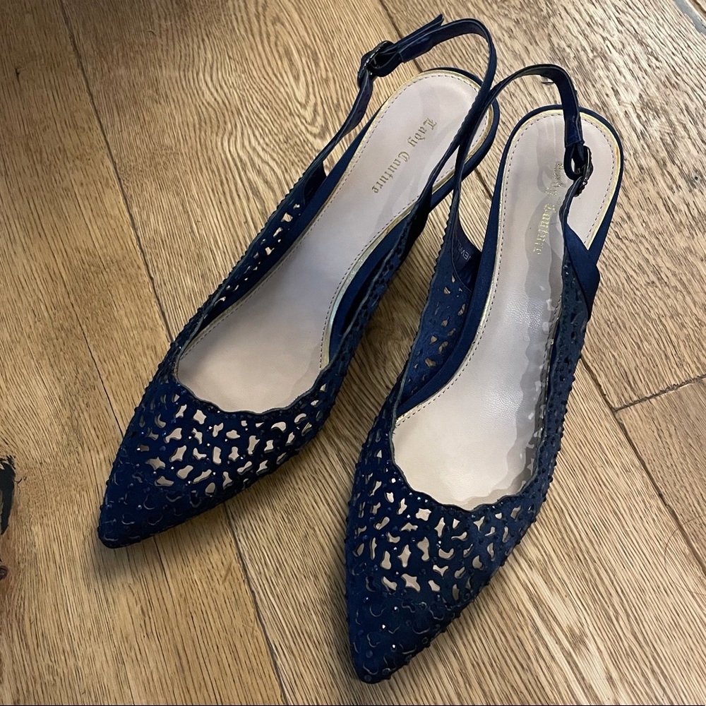 Navy blue jeweled sling backs